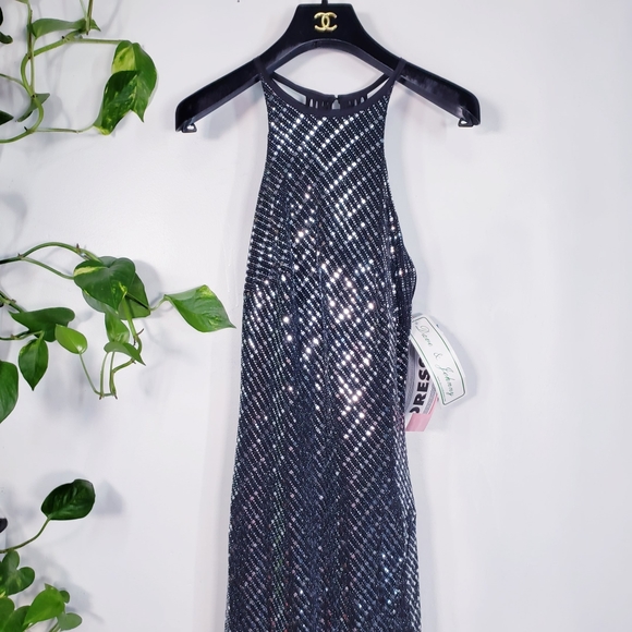 DAVE JOHNNY Dress 4 SMALL Junior Gown Halter Silver Black Maxi Long Bling Mirror - Picture 6 of 13
